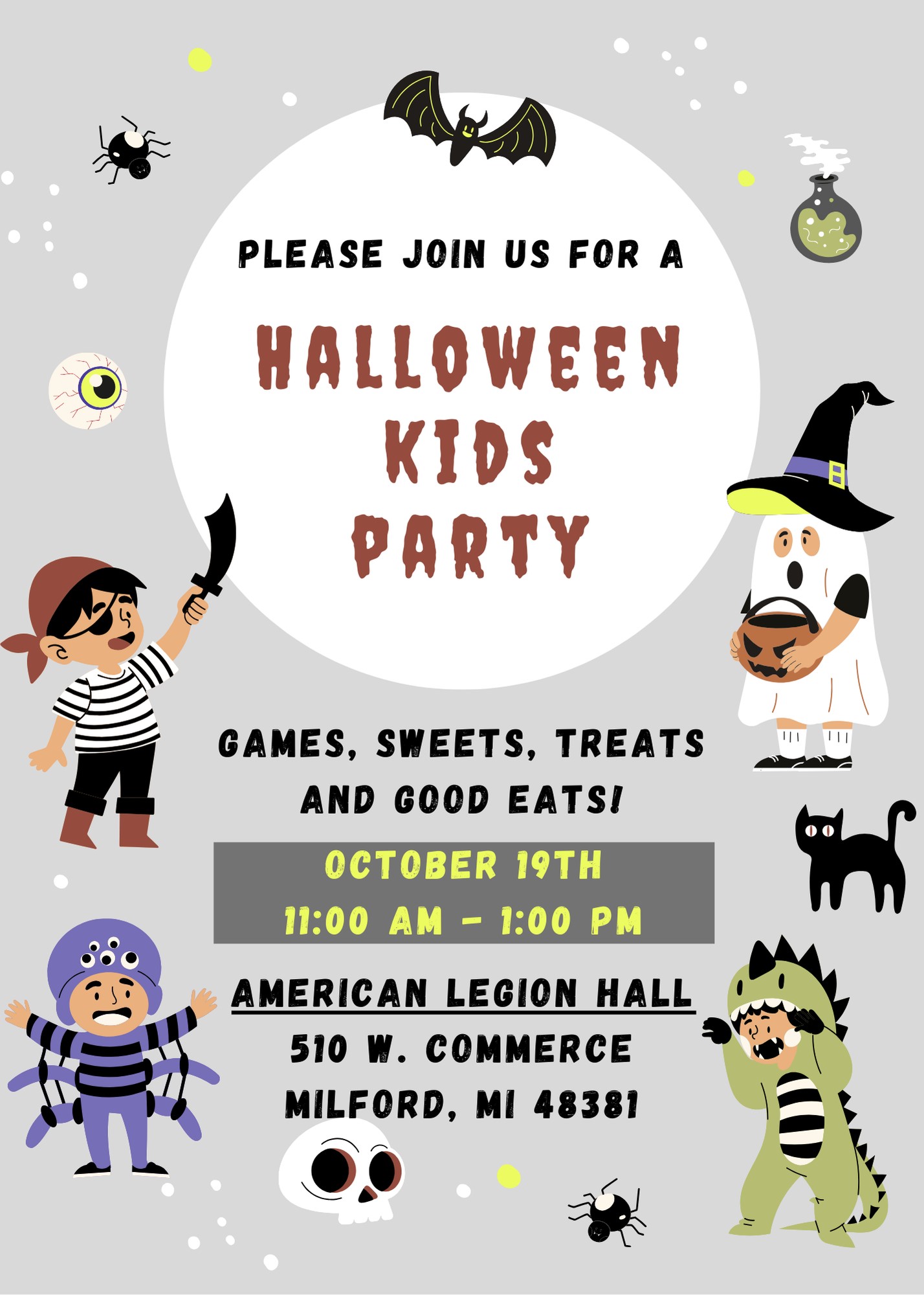 black grey brown cute cartoon halloween kids party invitation